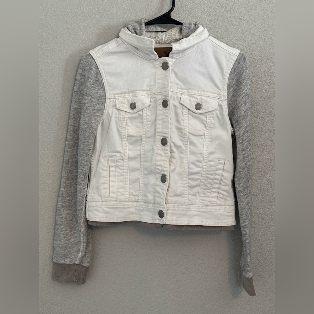 American Eagle 2012 White Gray Denim Hoodie Jacket Y2K